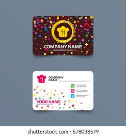Business card template with confetti pieces. Chef hat sign icon. Cooking symbol. Cooks hat with fork and knife. Phone, web and location icons. Visiting card  Vector
