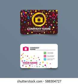 Business card template with confetti pieces. Photo camera sign icon. Digital photo camera symbol. Phone, web and location icons. Visiting card  Vector