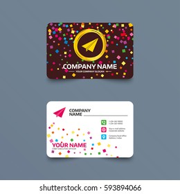 Business card template with confetti pieces. Paper Plane sign. Airplane symbol. Travel icon. Flight flat label. Phone, web and location icons. Visiting card  Vector