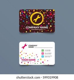 Business card template with confetti pieces. Repair tool sign icon. Service symbol. Phone, web and location icons. Visiting card  Vector