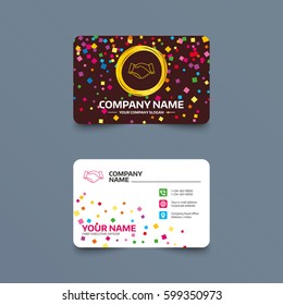 Business card template with confetti pieces. Handshake sign icon. Successful business symbol. Phone, web and location icons. Visiting card  Vector