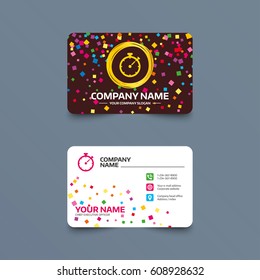 Business card template with confetti pieces. Timer sign icon. Stopwatch symbol. Phone, web and location icons. Visiting card  Vector