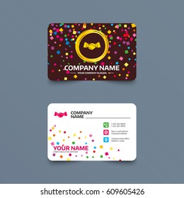 Business card template with confetti pieces. Handshake sign icon. Successful business symbol. Phone, web and location icons. Visiting card  Vector