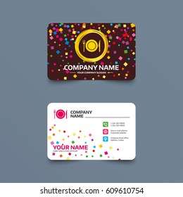 Business card template with confetti pieces. Food sign icon. Cutlery symbol. Knife and fork, dish. Phone, web and location icons. Visiting card  Vector