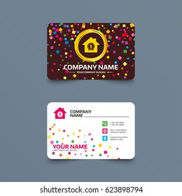 Business card template with confetti pieces. Best home. First place award icon. Prize for winner symbol. Phone, web and location icons. Visiting card  Vector