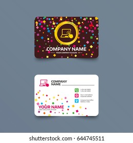 Business card template with confetti pieces. Touch screen laptop sign icon. Hand pointer symbol. Phone, web and location icons. Visiting card  Vector