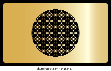 Business card template. Cut out cards with lace pattern. Modern geometric card for laser cutting. Vector illustration. Gold metal. With a cutout of a decorative circle in the center