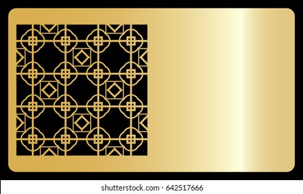 Business card template. Cut out cards with lace pattern. Modern geometric card for laser cutting. Vector illustration. Gold metal