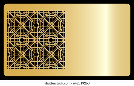 Business card template. Cut out cards with lace pattern. Modern geometric card for laser cutting. Vector illustration. Gold metal