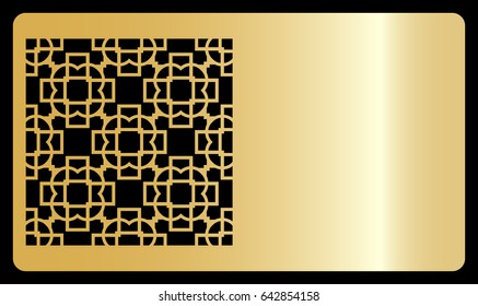 Business card template. Cut out cards with lace pattern. Modern geometric card for laser cutting. Vector illustration. Gold metal