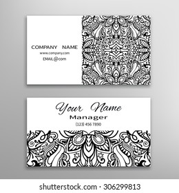 Business card template, decorative ornamental invitation collection. Hand drawn Islam, Arabic, Indian motif, lace pattern