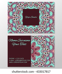 Business card template with decorative ornamental oriental elements. Mandala floral pattern. Templates for yoga studio, spa salon, indian restaurant, alternative medicine center or belly dance studio.