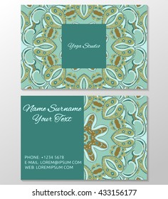 Business card template with decorative ornamental oriental elements. Mandala floral pattern. Templates for yoga studio, spa salon, indian restaurant, alternative medicine center or belly dance studio