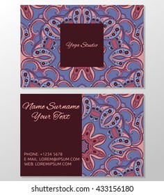 Business card template with decorative ornamental oriental elements. Mandala floral pattern. Templates for yoga studio, spa salon, indian restaurant, alternative medicine center or belly dance studio