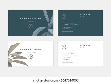 Business card template design collection, dark blue and white theme decorated with Cordyline fruticosa Firebrand plant