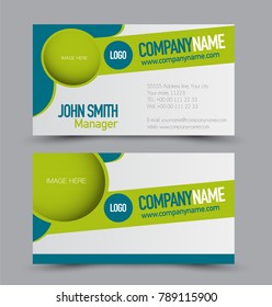 Business card template design. Corporate identity style. Editable vector illustration. Blue and green color.