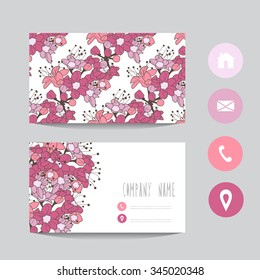 Business card template, design element. Can be used also for greeting cards, banners, invitations. Abstract cherry blossom flowers