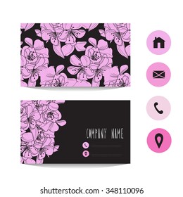 Business card template, design element. Can be used also for greeting cards, banners, invitations. Abstract cherry blossom flowers