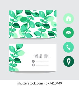 Business card template, design element. Can be used also for greeting cards, banners, invitations, flyers, posters. Decorative branches with leaves. All elements are editable.