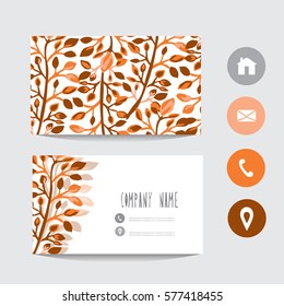 Business card template, design element. Can be used also for greeting cards, banners, invitations, flyers, posters. Decorative branches with leaves. All elements are editable.