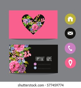 Business card template, design element. Can be used also for greeting cards, banners, invitations, flyers, posters. Decorative flowers in watercolor style. All elements are editable.