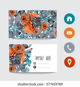 Business card template, design element. Can be used also for greeting cards, banners, invitations, flyers, posters. Decorative flowers in watercolor style. All elements are editable.