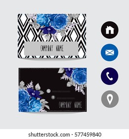 Business card template, design element. Can be used also for greeting cards, banners, invitations, flyers, posters. Decorative flowers in watercolor style. All elements are editable.