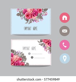 Business card template, design element. Can be used also for greeting cards, banners, invitations, flyers, posters. Decorative flowers in watercolor style. All elements are editable.