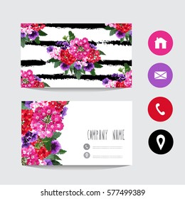 Business card template, design element. Can be used also for greeting cards, banners, invitations, flyers, posters. Decorative flowers in watercolor style. All elements are editable.