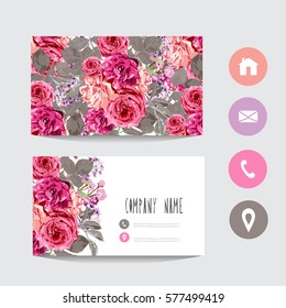 Business card template, design element. Can be used also for greeting cards, banners, invitations, flyers, posters. Decorative flowers in watercolor style. All elements are editable.