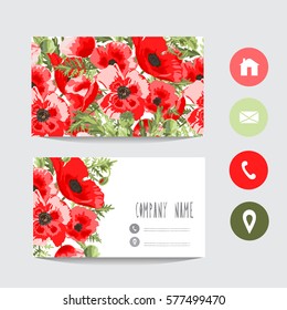 Business card template, design element. Can be used also for greeting cards, banners, invitations, flyers, posters. Decorative flowers in watercolor style. All elements are editable.