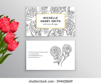 Business card template, design element. Can be used also for greeting cards, banners, invitations,flayers, posters. Decorative flowers,peony, tulips
