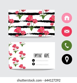 Business card template, design element. Can be used also for greeting cards, banners, invitations, flyers, posters. Decorative flowers. All elements are editable