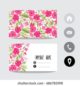 Business card template, design element. Can be used also for greeting cards, banners, invitations, flyers, posters. Decorative flowers in watercolor style. All elements are editable