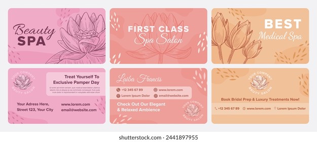 Business card template design set for spa salon. Skin care company branding element with hand drawn lotus flower, vector illustration. Beauty procedure service advertising at colorful design