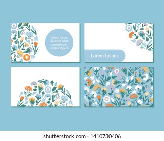 Business card template. Design with spring flowers on blue and white background, seamless pattern. Vector illustration.