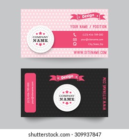 Business card template design. Vector illustration for retro style. Pretty cute style. Polka dot pattern. Black, white, black colors.