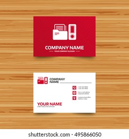 Business card template. Document folder sign. Accounting binder symbol. Bookkeeping management. Phone, globe and pointer icons. Visiting card design. Vector