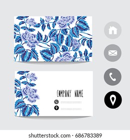 Business card template with dog rose flowers, design element. Can be used also for greeting cards, banners, invitations, flyers, posters. Decorative flowers.All elements are editable. Embroidery style