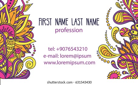 Business card template with doodle. Vector hand drawn ornament. 