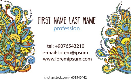 Business card template with doodle. Vector hand drawn ornament. 