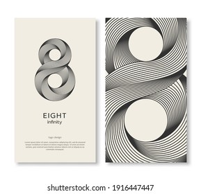 Business card template with eight logo and strip pattern. Vector illustration. Corporate icon minimal design, place for text. Trendy retro 3d graphic style. 8 geometric outline emblem, infinite lines - Shutterstock ID 1916447447
