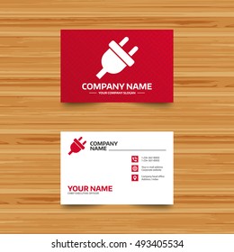 Business card template. Electric plug sign icon. Power energy symbol. Phone, globe and pointer icons. Visiting card design. Vector