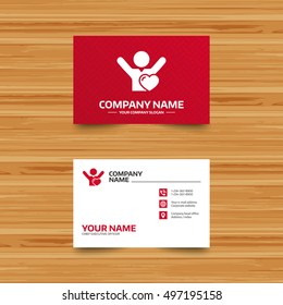 Business card template. Fans love icon. Man raised hands up sign. Phone, globe and pointer icons. Visiting card design. Vector