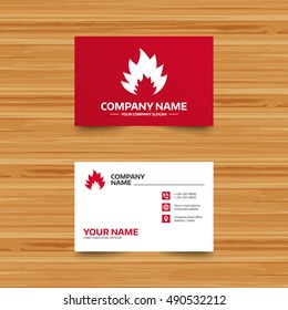 Business card template. Fire flame sign icon. Heat symbol. Stop fire. Escape from fire. Phone, globe and pointer icons. Visiting card design. Vector