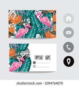 Business card template with flamingo and strelitzia flowers, design element. Can be used also for greeting cards, banners, invitations, flyers, posters. Colorful background. Editable