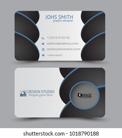 Business card template. Flat vector design. Creative horizontal template. Vector illustration. Black and blue color.