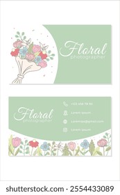 Business card template for florist,flower photographer in natural minimalist style with flowers and leaves.Loyalty card for customers.Suitable for flower stores,florists, photographers,etc