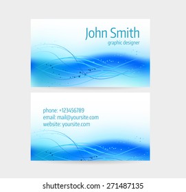 Business card template - front and back side. Blue abstract wave design.