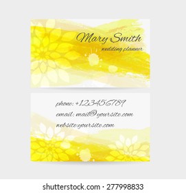 Business card template - front and back side. Watercolored brushed with floral abstract design.